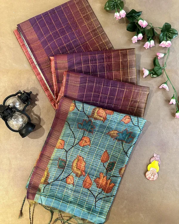 Nithya_Rama_Green_–_Timeless_Navratri_Special_|_Soft_Tussar_Silk_Saree_with_Print,_Border_&_Contrast_Print_Blouse_with_Tassels
