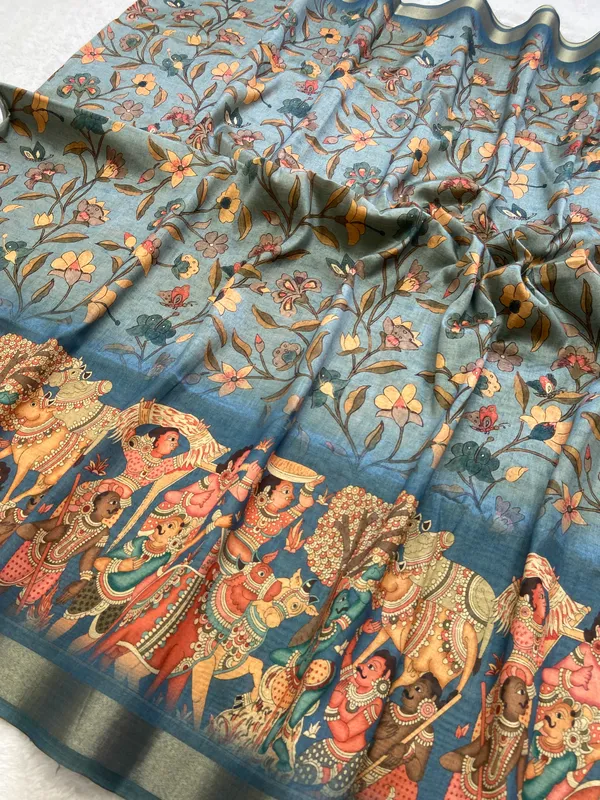 Pritha_Rama_Green_–_Navratri_Special_|_Soft_Tussar_Silk_Saree_with_Digital_Print,_Border_&_Contrast_Print_Blouse_with_Tassels