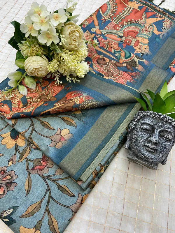 Pritha_Rama_Green_–_Navratri_Special_|_Soft_Tussar_Silk_Saree_with_Digital_Print,_Border_&_Contrast_Print_Blouse_with_Tassels