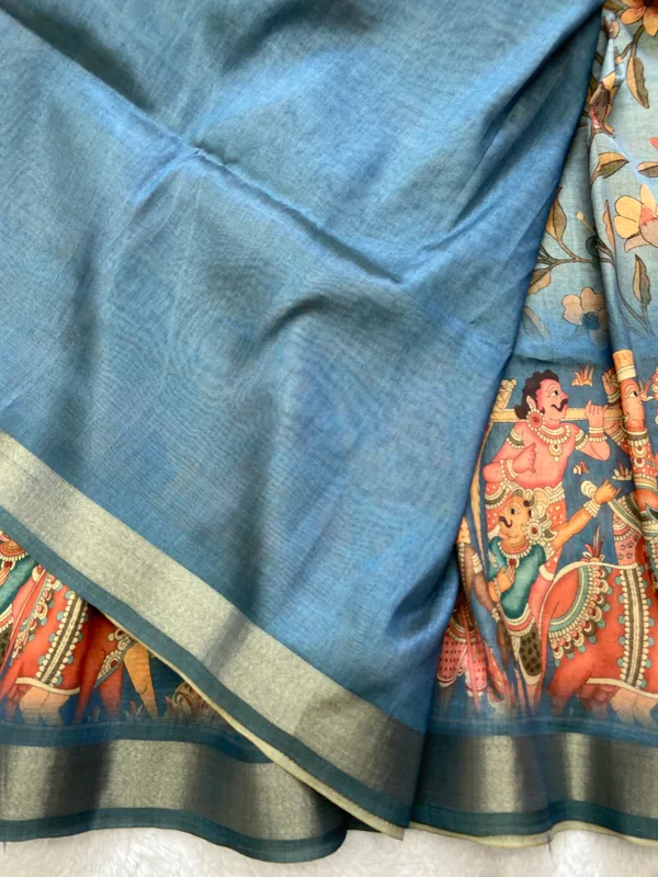 Pritha_Rama_Green_–_Navratri_Special_|_Soft_Tussar_Silk_Saree_with_Digital_Print,_Border_&_Contrast_Print_Blouse_with_Tassels