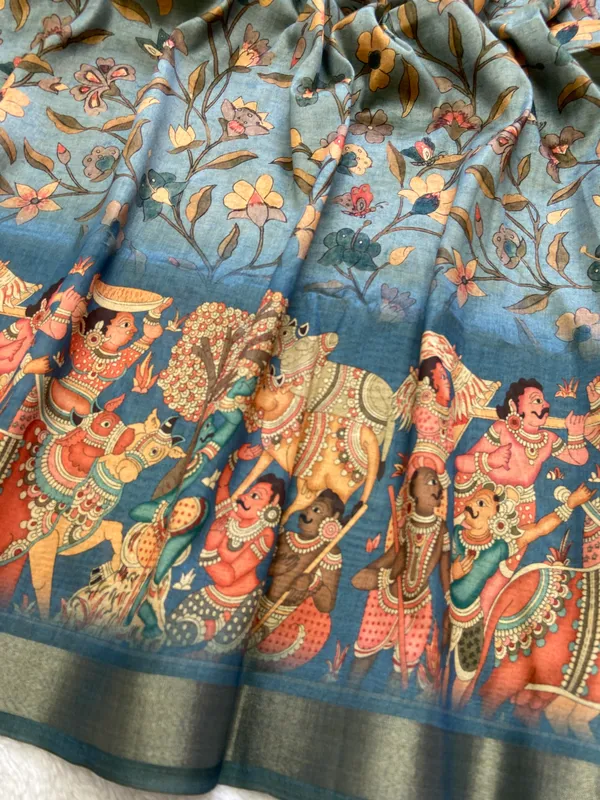 Pritha_Rama_Green_–_Navratri_Special_|_Soft_Tussar_Silk_Saree_with_Digital_Print,_Border_&_Contrast_Print_Blouse_with_Tassels