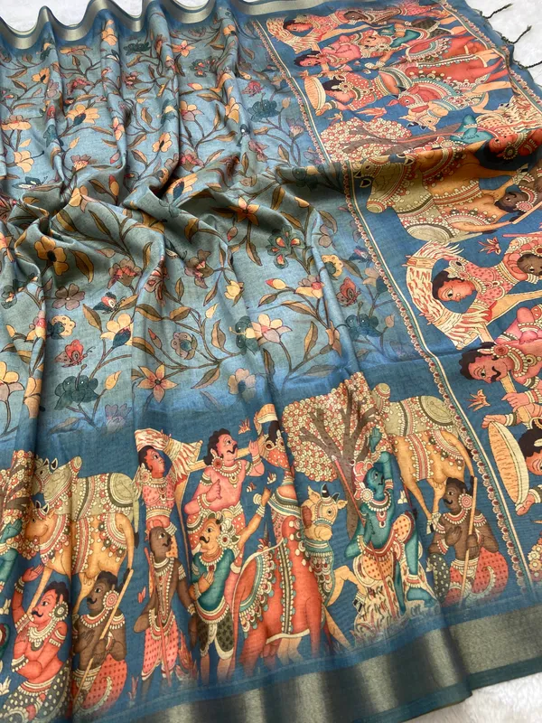 Pritha_Rama_Green_–_Navratri_Special_|_Soft_Tussar_Silk_Saree_with_Digital_Print,_Border_&_Contrast_Print_Blouse_with_Tassels
