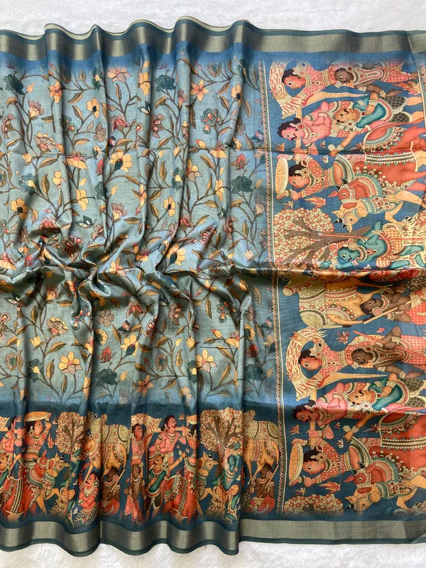Pritha_Rama_Green_–_Navratri_Special_|_Soft_Tussar_Silk_Saree_with_Digital_Print,_Border_&_Contrast_Print_Blouse_with_Tassels