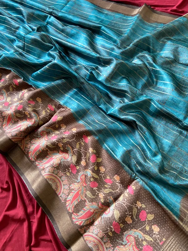 Soft_Semi_Tussar_Silk_sarees_with_Beautiful_Digital_Print_With_Attractive_Border_And_Contrast_Print_Blouse_With_Tassels