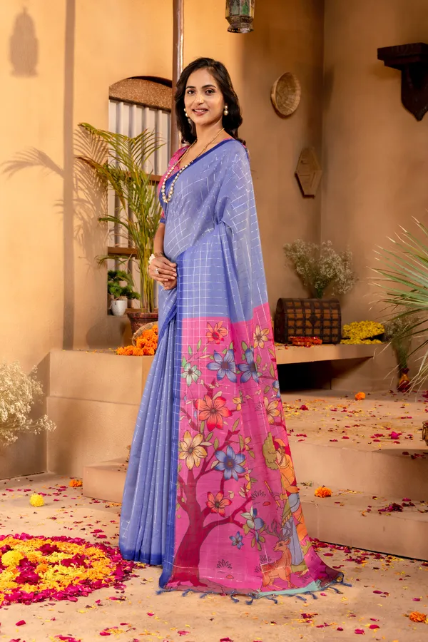 Baani_Blue_–_Navratri_Special_|_Soft_Semi_Tussar_Silk_Saree_with_Digital_Print,_Border_&_Contrast_Print_Blouse_with_Tassels