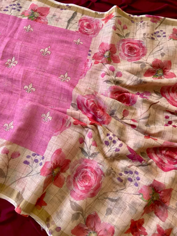 Kumud_Pink_–_Water_Lily_Aesthetic_Edit_for_You_|_Soft_Premium_Linen_Saree_with_Print,_Checks_Design_Saree,_Gold_Zari_Border_&_Print_Blouse