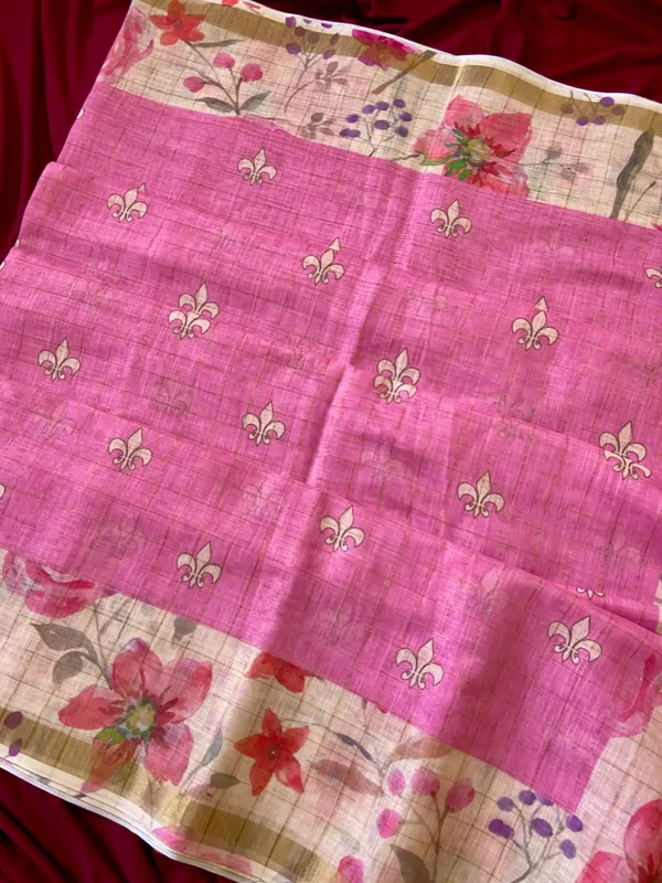 Kumud_Pink_–_Water_Lily_Aesthetic_Edit_for_You_|_Soft_Premium_Linen_Saree_with_Print,_Checks_Design_Saree,_Gold_Zari_Border_&_Print_Blouse