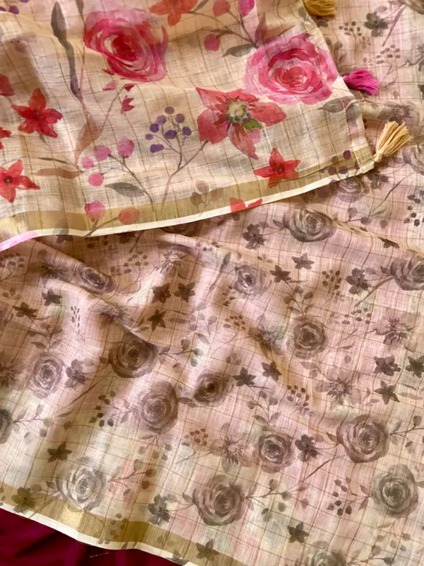 Kumud_Pink_–_Water_Lily_Aesthetic_Edit_for_You_|_Soft_Premium_Linen_Saree_with_Print,_Checks_Design_Saree,_Gold_Zari_Border_&_Print_Blouse