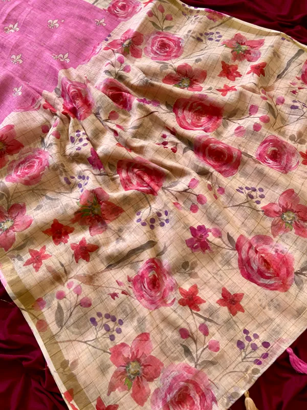 Kumud_Pink_–_Water_Lily_Aesthetic_Edit_for_You_|_Soft_Premium_Linen_Saree_with_Print,_Checks_Design_Saree,_Gold_Zari_Border_&_Print_Blouse