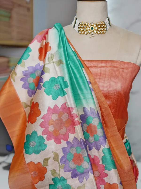 Soft_Tussar_Silk_sarees_with_Beautiful_Digital_Print_With_Attractive_Border_And_Contrast_Print_Blouse_With_Tassels