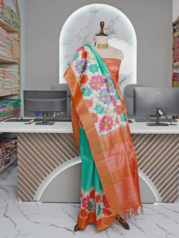 Soft_Tussar_Silk_sarees_with_Beautiful_Digital_Print_With_Attractive_Border_And_Contrast_Print_Blouse_With_Tassels