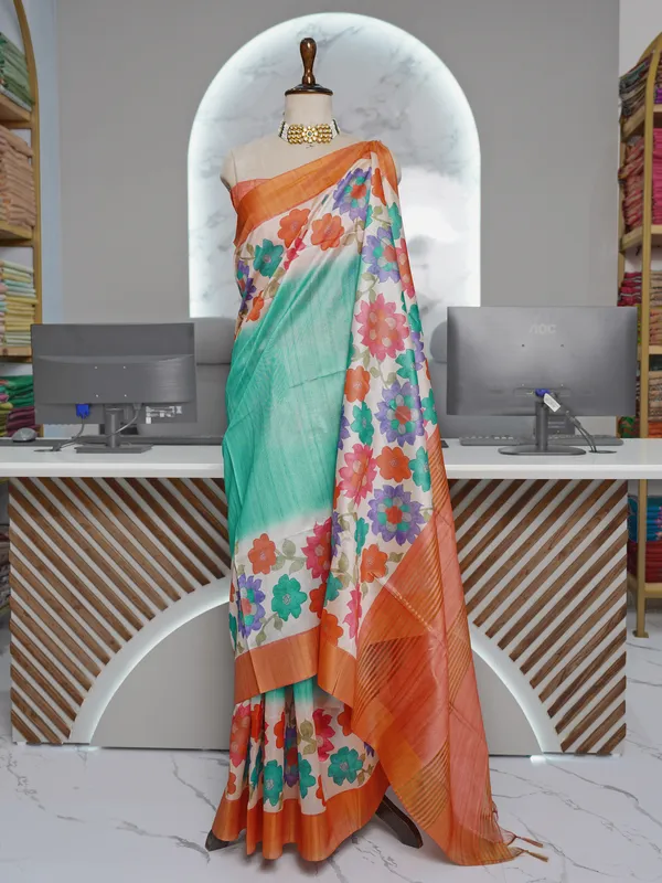 Soft_Tussar_Silk_sarees_with_Beautiful_Digital_Print_With_Attractive_Border_And_Contrast_Print_Blouse_With_Tassels