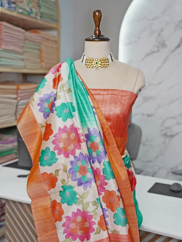 Soft_Tussar_Silk_sarees_with_Beautiful_Digital_Print_With_Attractive_Border_And_Contrast_Print_Blouse_With_Tassels