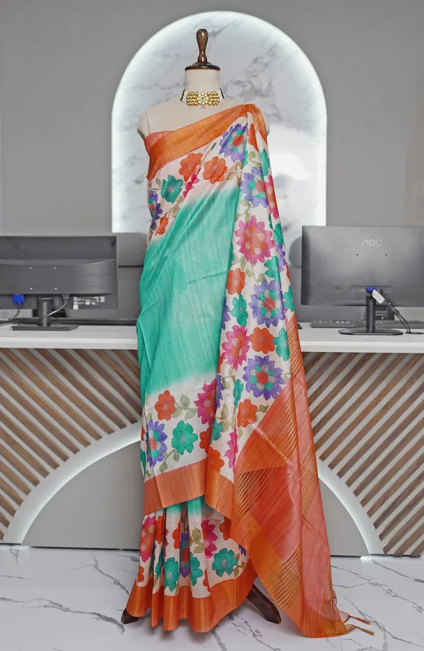 Soft_Tussar_Silk_sarees_with_Beautiful_Digital_Print_With_Attractive_Border_And_Contrast_Print_Blouse_With_Tassels
