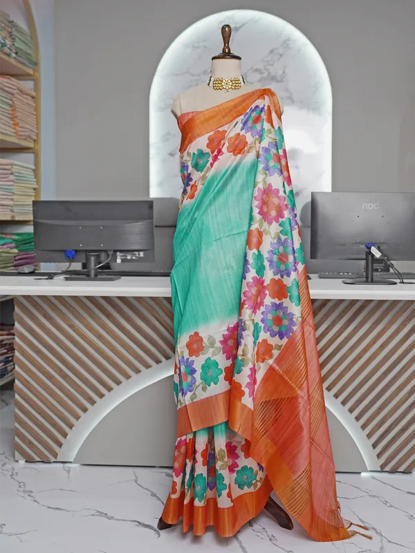 Soft_Tussar_Silk_sarees_with_Beautiful_Digital_Print_With_Attractive_Border_And_Contrast_Print_Blouse_With_Tassels