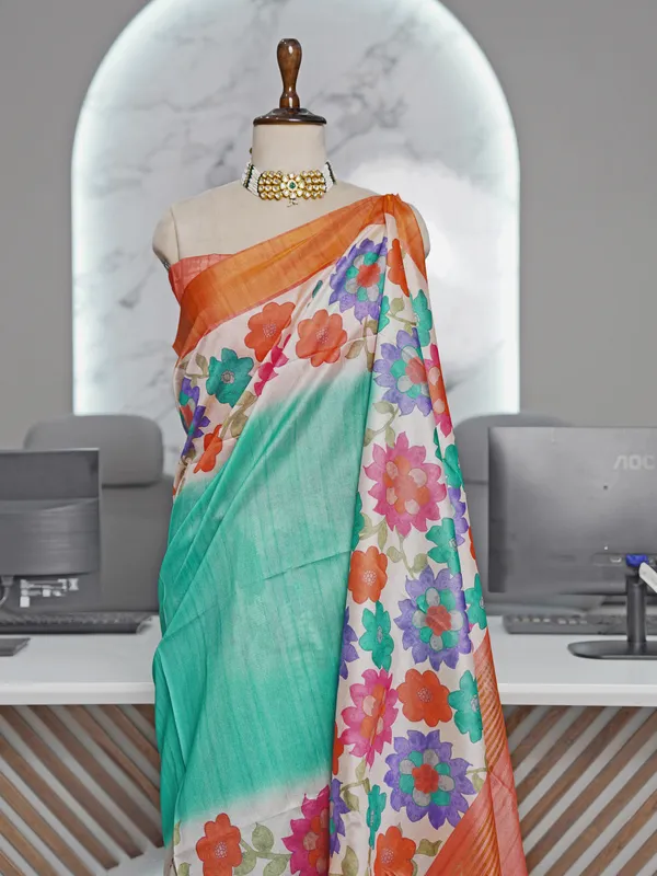 Soft_Tussar_Silk_sarees_with_Beautiful_Digital_Print_With_Attractive_Border_And_Contrast_Print_Blouse_With_Tassels