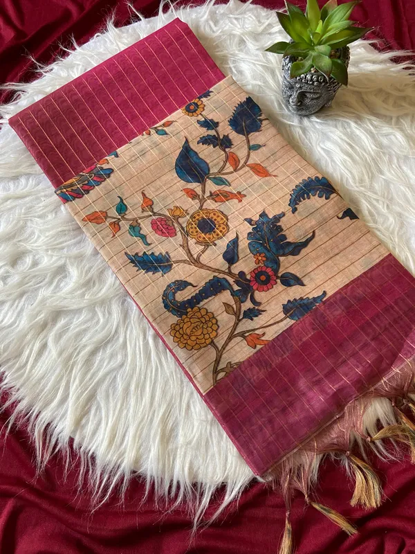 Soft_Semi_Tussar_Silk_sarees_with_Beautiful_Digital_Print_With_Attractive_Border_And_Contrast_Print_Blouse_With_Tassels