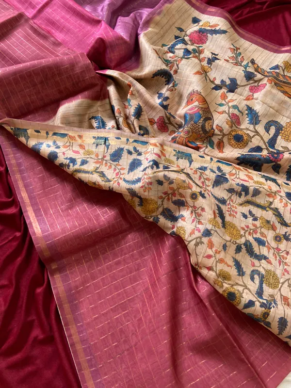 Soft_Semi_Tussar_Silk_sarees_with_Beautiful_Digital_Print_With_Attractive_Border_And_Contrast_Print_Blouse_With_Tassels