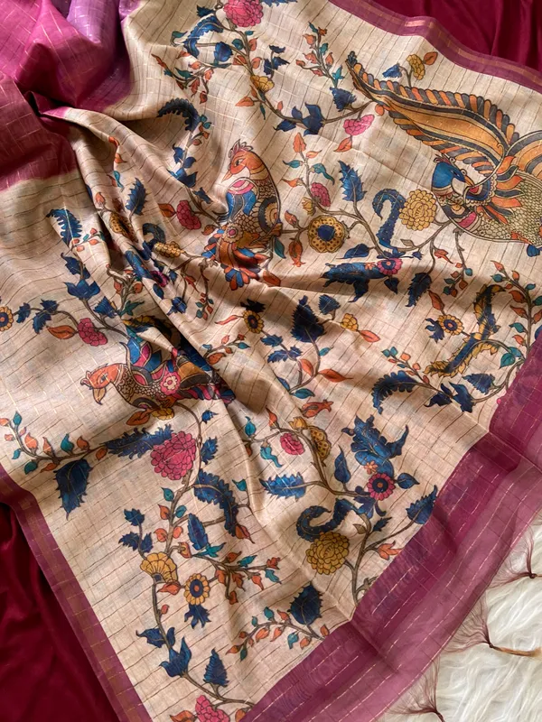 Soft_Semi_Tussar_Silk_sarees_with_Beautiful_Digital_Print_With_Attractive_Border_And_Contrast_Print_Blouse_With_Tassels