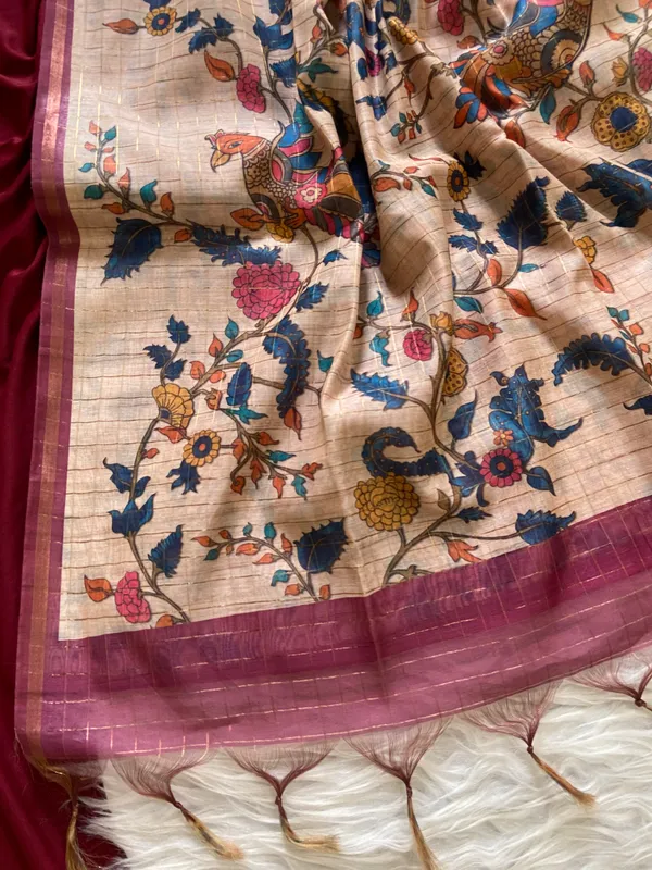 Soft_Semi_Tussar_Silk_sarees_with_Beautiful_Digital_Print_With_Attractive_Border_And_Contrast_Print_Blouse_With_Tassels