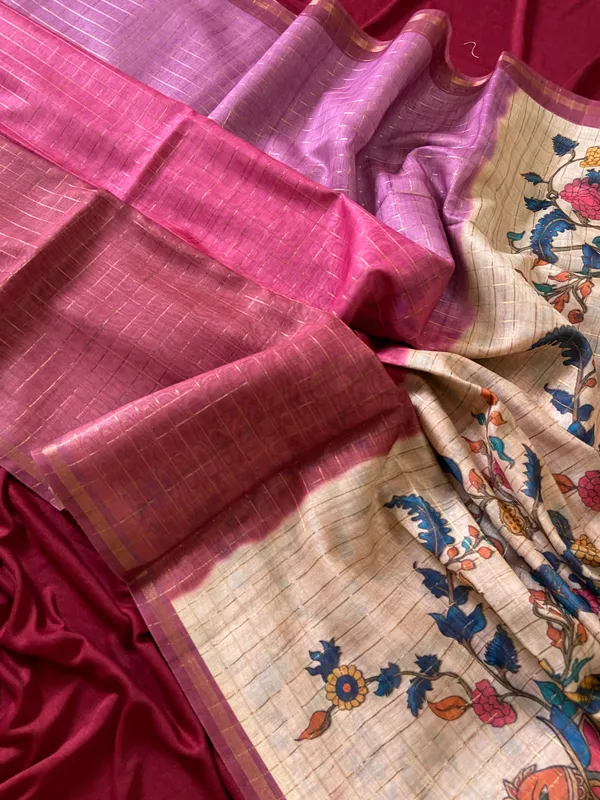 Soft_Semi_Tussar_Silk_sarees_with_Beautiful_Digital_Print_With_Attractive_Border_And_Contrast_Print_Blouse_With_Tassels
