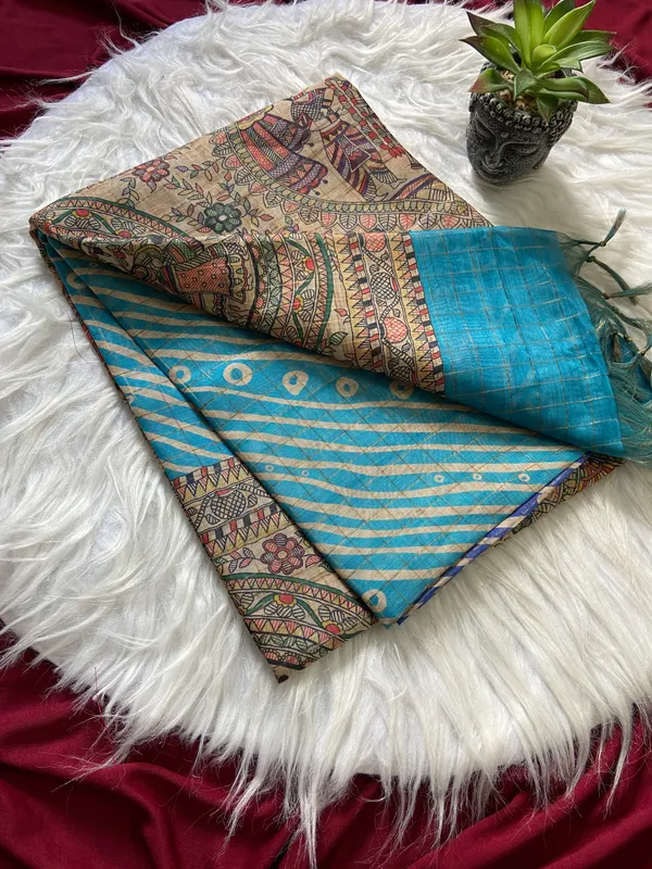 Soft_Semi_Tussar_Silk_sarees_with_Beautiful_Digital_Print_With_Attractive_Border_And_Contrast_Print_Blouse_With_Tassels