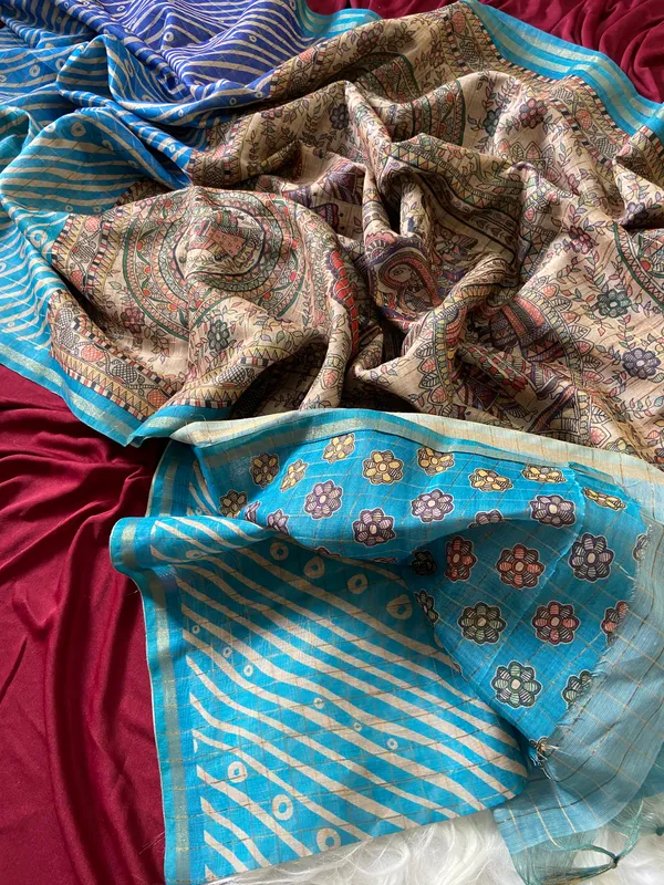 Soft_Semi_Tussar_Silk_sarees_with_Beautiful_Digital_Print_With_Attractive_Border_And_Contrast_Print_Blouse_With_Tassels