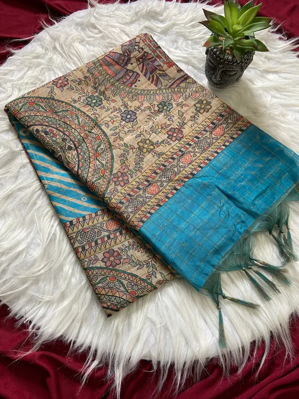 Soft_Semi_Tussar_Silk_sarees_with_Beautiful_Digital_Print_With_Attractive_Border_And_Contrast_Print_Blouse_With_Tassels