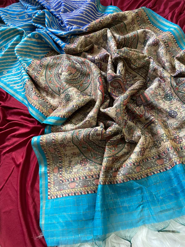 Soft_Semi_Tussar_Silk_sarees_with_Beautiful_Digital_Print_With_Attractive_Border_And_Contrast_Print_Blouse_With_Tassels