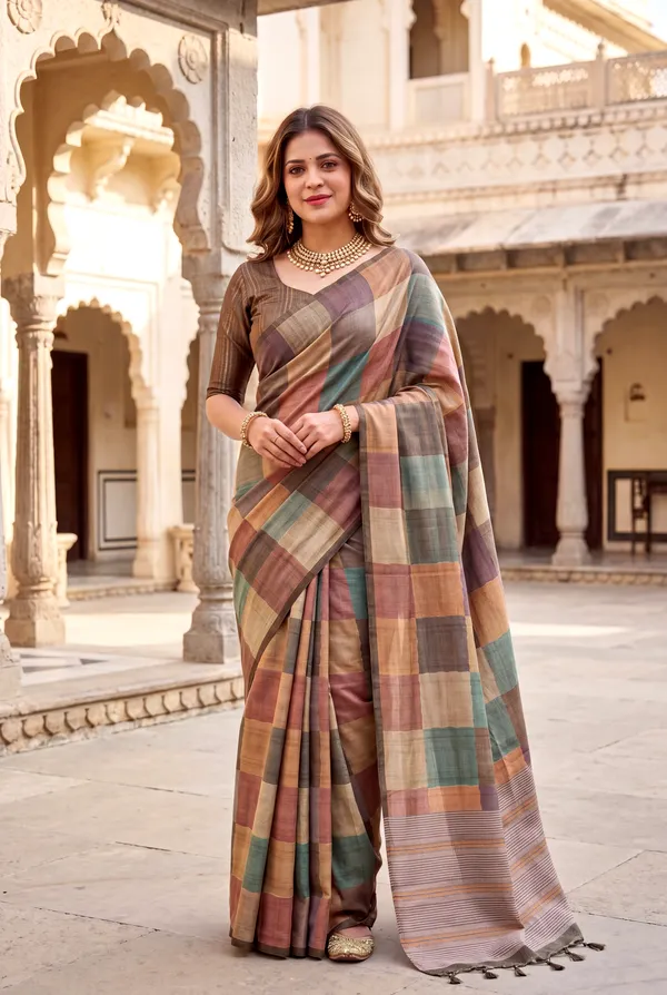Kimaya_Coffee_Brown_–_Divine_Aesthetic_Edit_for_You_|_Soft_Tussar_Silk_Saree_with_Print,_Pallu_&_Contrast_Print_Blouse_with_Tassels