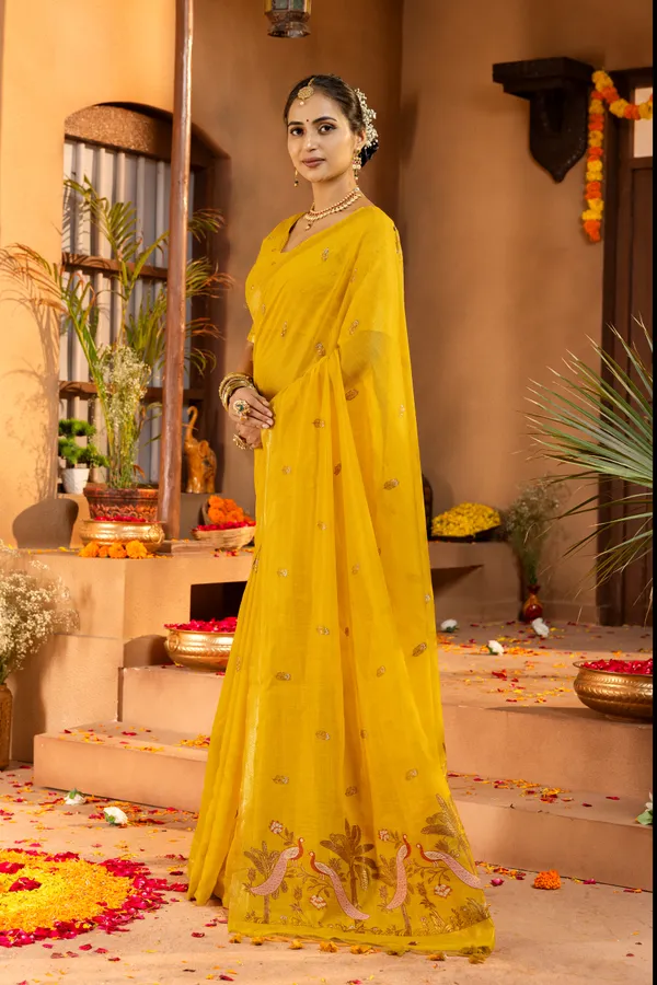 Kashish_Yellow_–_Alluring_Wedding_Special_|_Premium_Soft_Muga_Cotton_Saree_with_Colourful_Resham_Weaving_Peacock_Design_Pallu