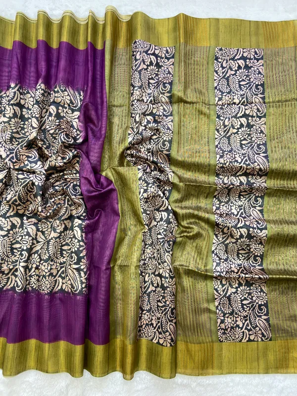Mirza_Green_&_Purple_–_Festive_Season_Special_|_Soft_Tussar_Silk_Saree_with_Print,_Border_&_Contrast_Print_Blouse_with_Tassels