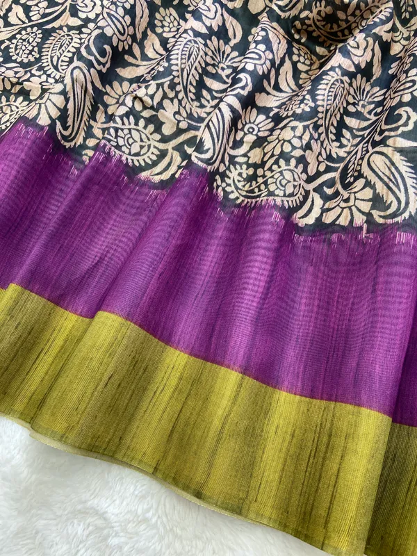 Mirza_Green_&_Purple_–_Festive_Season_Special_|_Soft_Tussar_Silk_Saree_with_Print,_Border_&_Contrast_Print_Blouse_with_Tassels