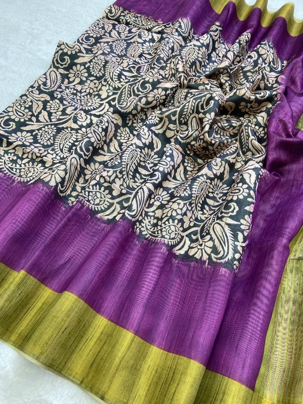 Mirza_Green_&_Purple_–_Festive_Season_Special_|_Soft_Tussar_Silk_Saree_with_Print,_Border_&_Contrast_Print_Blouse_with_Tassels