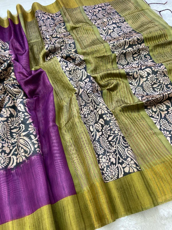 Mirza_Green_&_Purple_–_Festive_Season_Special_|_Soft_Tussar_Silk_Saree_with_Print,_Border_&_Contrast_Print_Blouse_with_Tassels