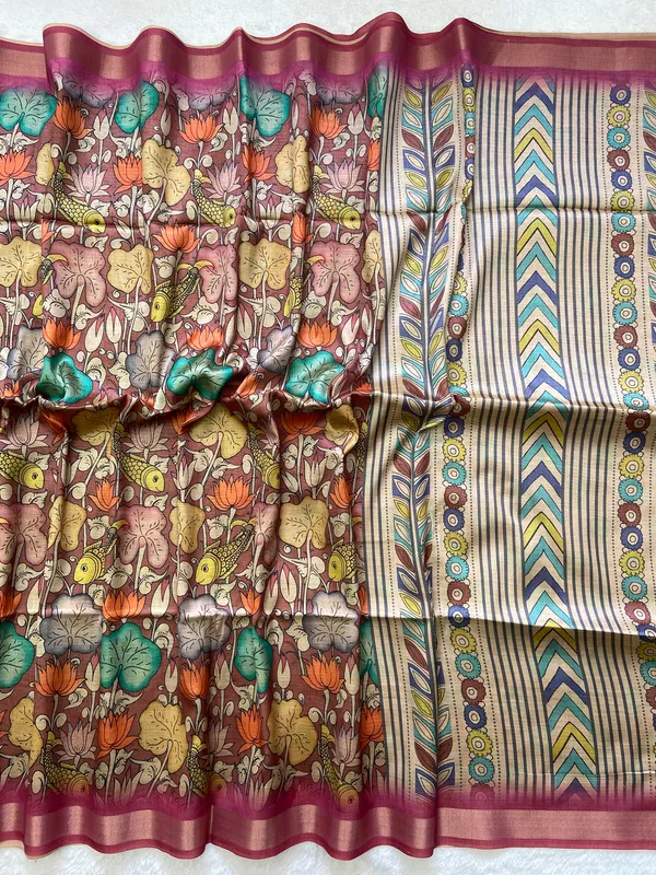 Soft_Tussar_Silk_sarees_with_Beautiful_Digital_Print_With_Attractive_Border_And_Contrast_Print_Blouse_With_Tassels