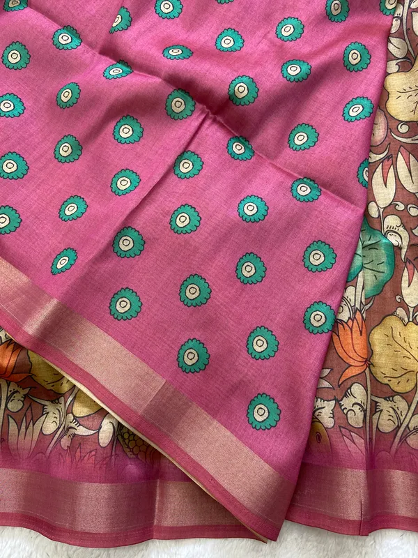 Soft_Tussar_Silk_sarees_with_Beautiful_Digital_Print_With_Attractive_Border_And_Contrast_Print_Blouse_With_Tassels