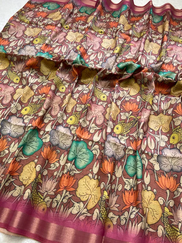 Soft_Tussar_Silk_sarees_with_Beautiful_Digital_Print_With_Attractive_Border_And_Contrast_Print_Blouse_With_Tassels