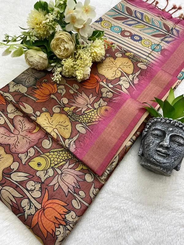 Soft_Tussar_Silk_sarees_with_Beautiful_Digital_Print_With_Attractive_Border_And_Contrast_Print_Blouse_With_Tassels