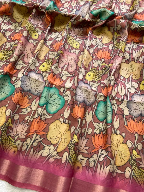 Soft_Tussar_Silk_sarees_with_Beautiful_Digital_Print_With_Attractive_Border_And_Contrast_Print_Blouse_With_Tassels