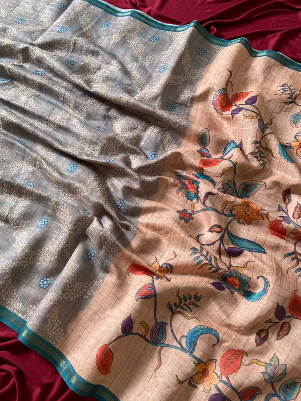 Soft_Semi_Tussar_Silk_sarees_with_Beautiful_Digital_Print_With_Attractive_Border_And_Contrast_Print_Blouse_With_Tassels