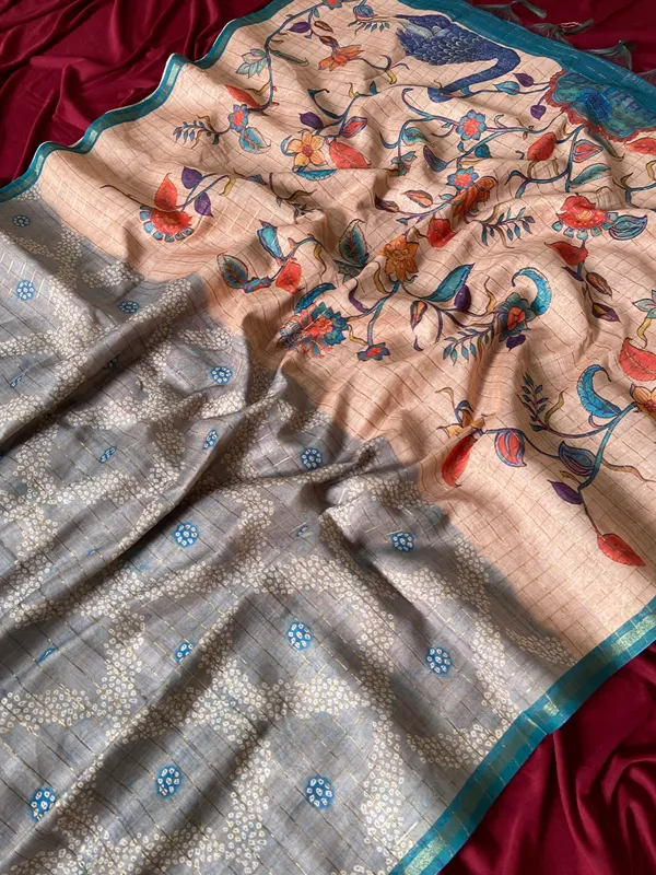 Soft_Semi_Tussar_Silk_sarees_with_Beautiful_Digital_Print_With_Attractive_Border_And_Contrast_Print_Blouse_With_Tassels
