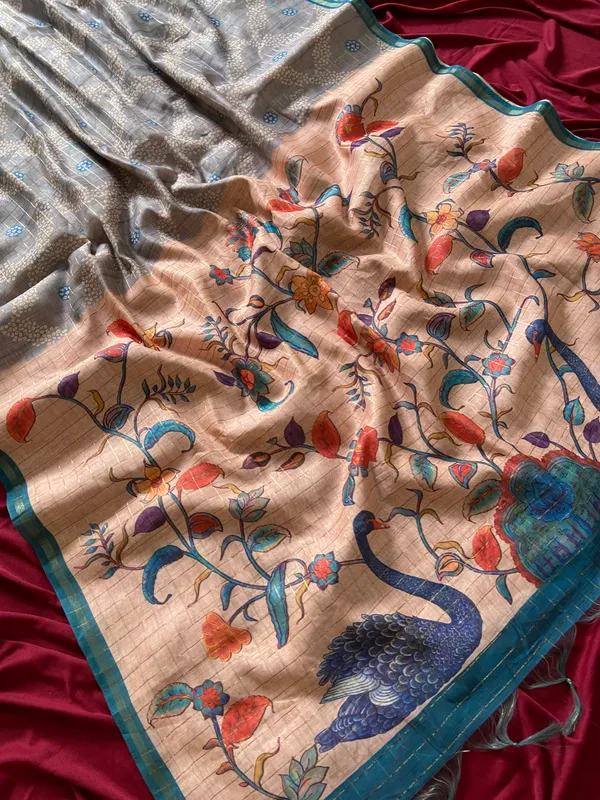 Soft_Semi_Tussar_Silk_sarees_with_Beautiful_Digital_Print_With_Attractive_Border_And_Contrast_Print_Blouse_With_Tassels
