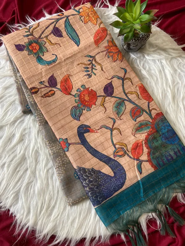 Soft_Semi_Tussar_Silk_sarees_with_Beautiful_Digital_Print_With_Attractive_Border_And_Contrast_Print_Blouse_With_Tassels