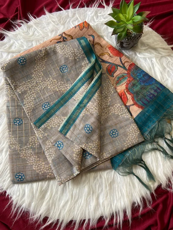 Soft_Semi_Tussar_Silk_sarees_with_Beautiful_Digital_Print_With_Attractive_Border_And_Contrast_Print_Blouse_With_Tassels