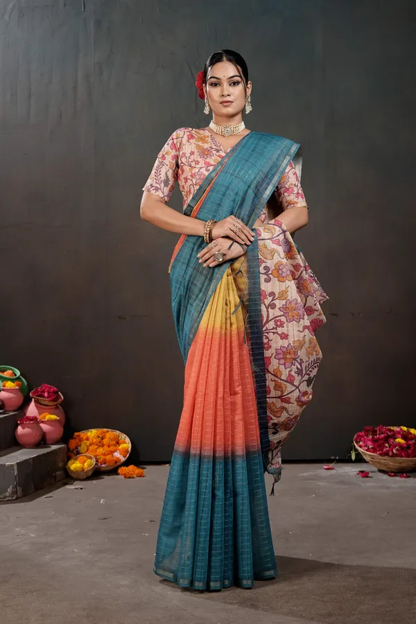 Soft_Semi_Tussar_Silk_sarees_with_Beautiful_Digital_Print_With_Attractive_Border_And_Contrast_Print_Blouse_With_Tassels