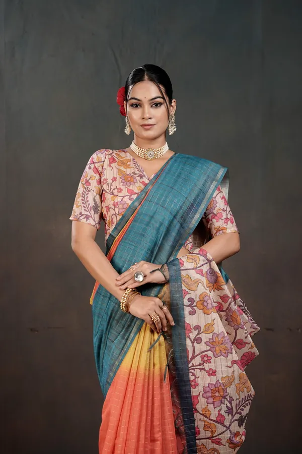Soft_Semi_Tussar_Silk_sarees_with_Beautiful_Digital_Print_With_Attractive_Border_And_Contrast_Print_Blouse_With_Tassels