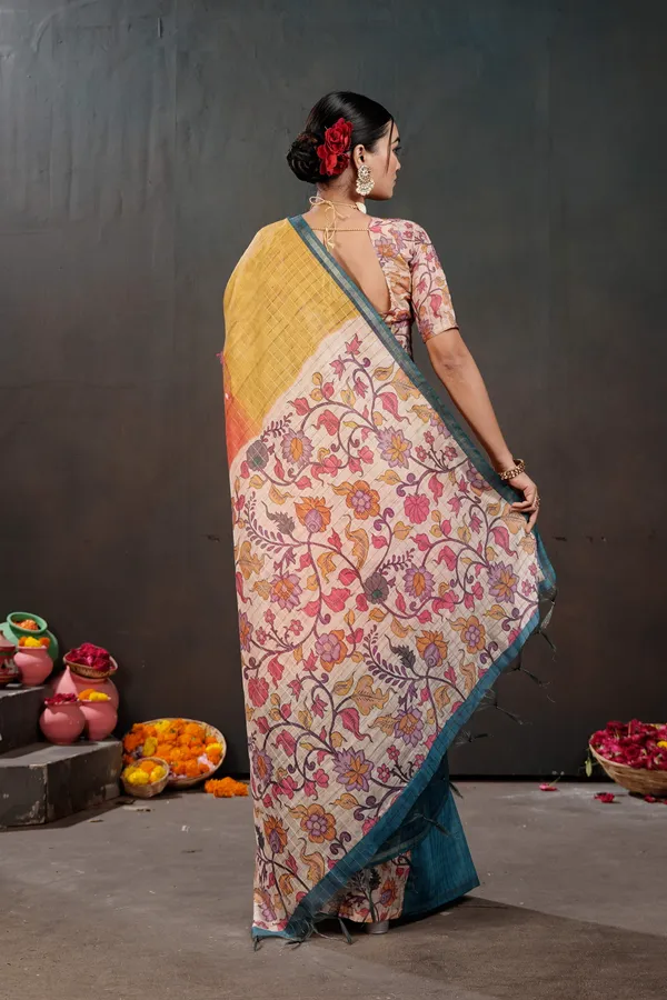 Soft_Semi_Tussar_Silk_sarees_with_Beautiful_Digital_Print_With_Attractive_Border_And_Contrast_Print_Blouse_With_Tassels