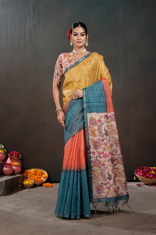 Soft_Semi_Tussar_Silk_sarees_with_Beautiful_Digital_Print_With_Attractive_Border_And_Contrast_Print_Blouse_With_Tassels