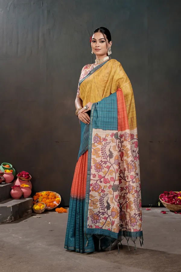 Soft_Semi_Tussar_Silk_sarees_with_Beautiful_Digital_Print_With_Attractive_Border_And_Contrast_Print_Blouse_With_Tassels